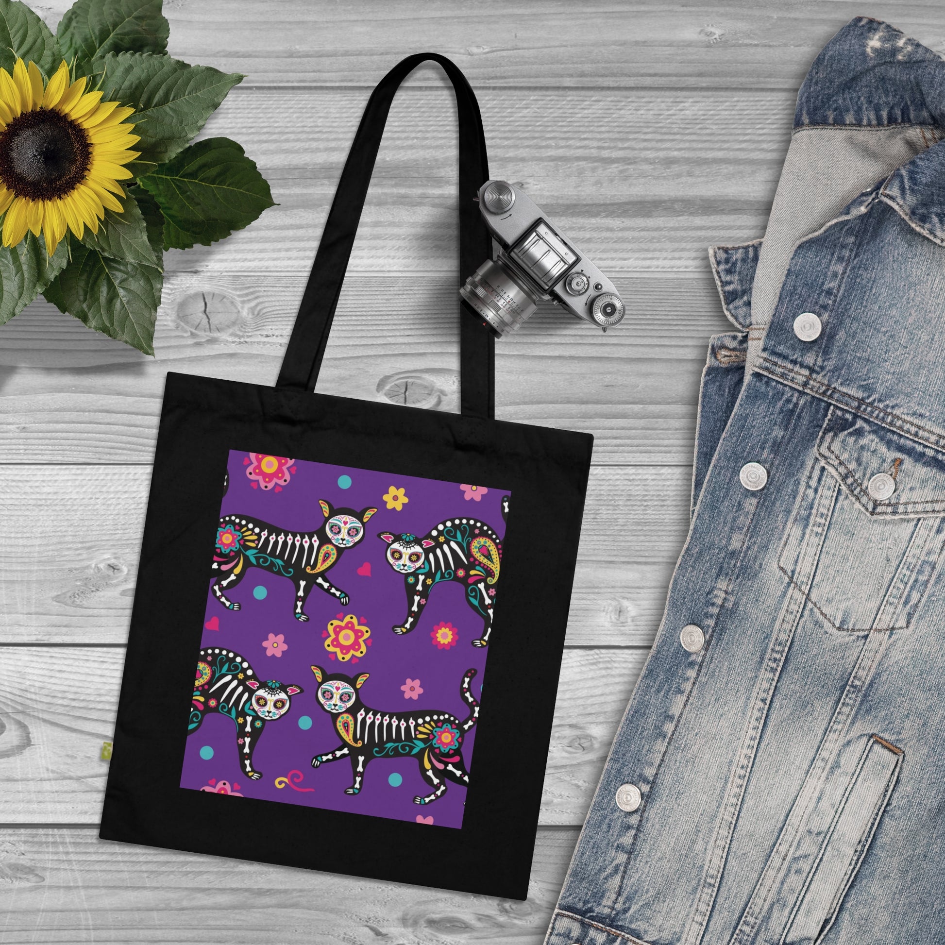 Colorful Cat Tote Bag - Eco-Friendly Shopping Bag, Day of the Dead Gift, Reusable Grocery Tote, Cat Lover Bag, Artsy Handbag